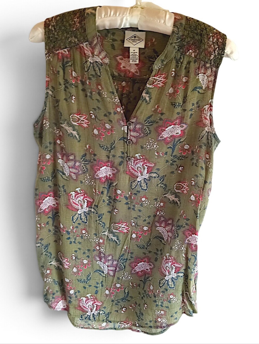 St. John's Bay Olive Floral Sleeveless Smocked-Yoke Camisole Floral Boho Earthy
